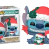 Funko Pop van Stitch die een cadeau uitpakt in kerst sfeer.